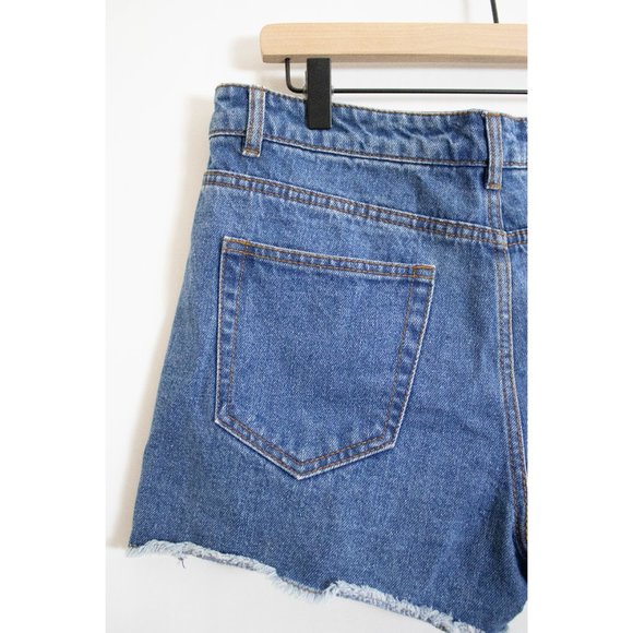 Forever 21 Med Blue Denim Cut Off Shorts with American Flag Fabric Patches, 30 - Picture 3 of 10